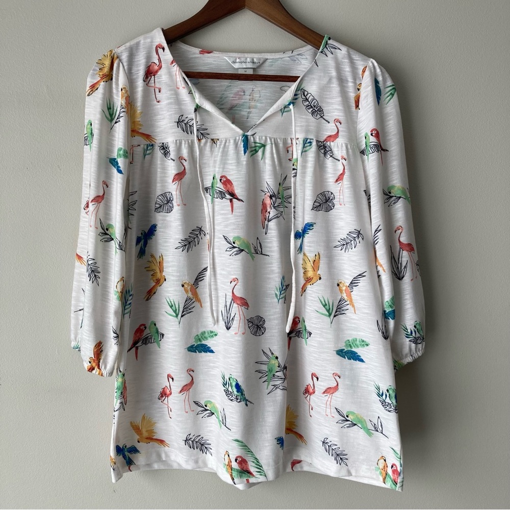 Christopher & Banks Flamingo Parrot Tropical V Neck Tie Front Blouse Size Medium